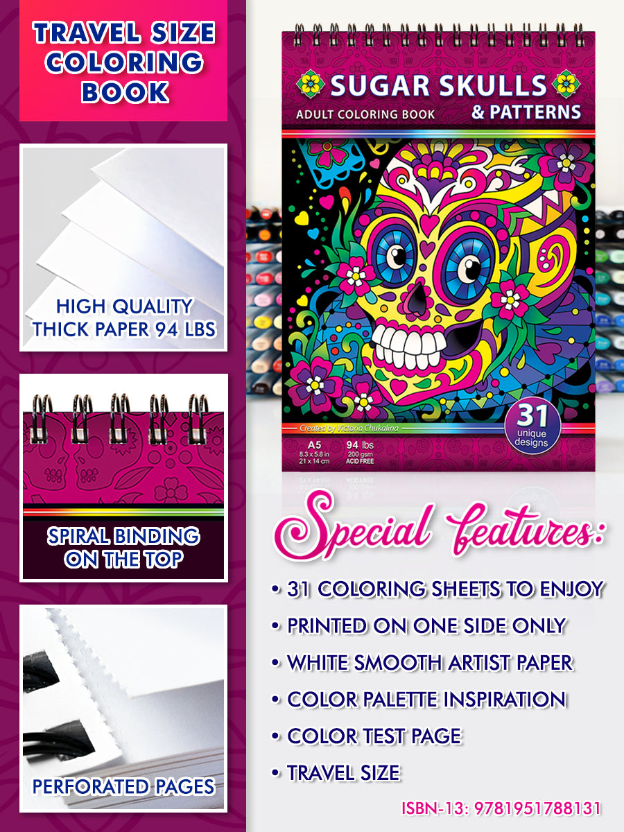 Sugar skulls & patterns. Travel size coloring book. Thick paper, Spiral-bound, Paperback.