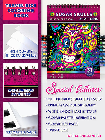 Sugar skulls & patterns. Travel size coloring book. Thick paper, Spiral-bound, Paperback.