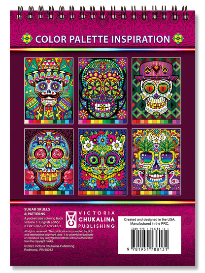 Sugar skulls & patterns. Travel size coloring book. Thick paper, Spiral-bound, Paperback.