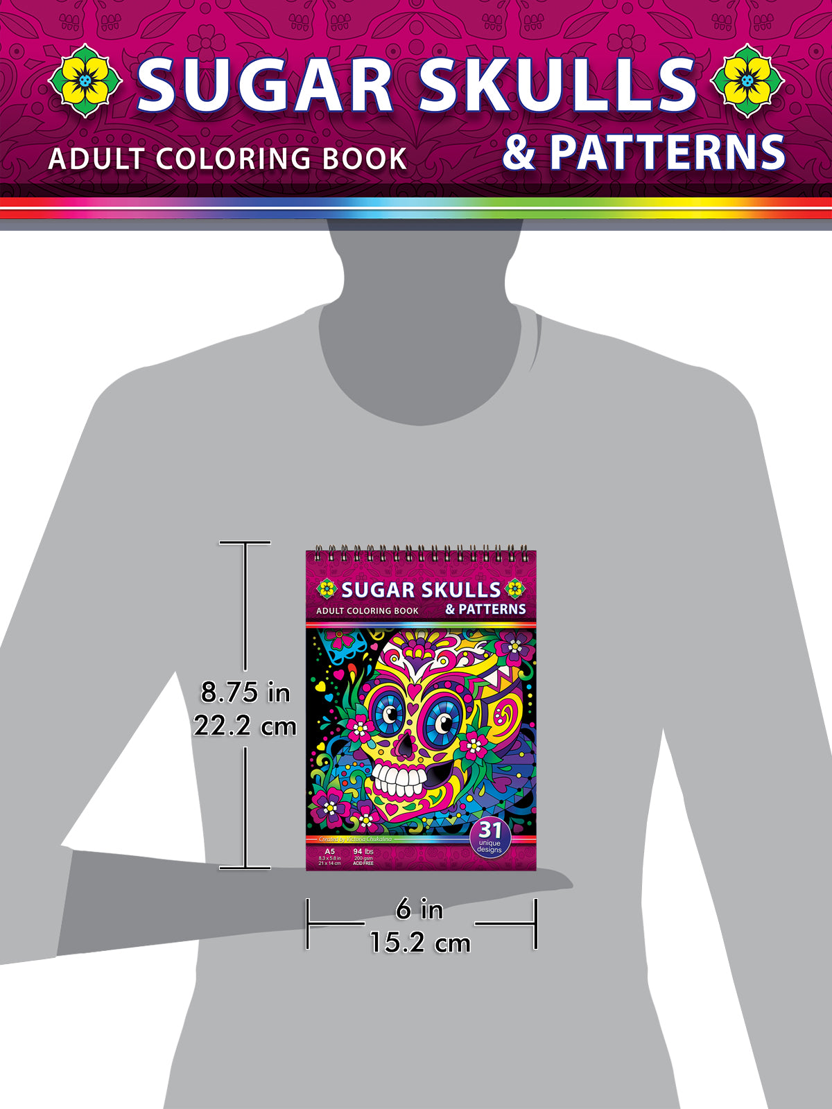 Sugar skulls & patterns. Travel size coloring book. Thick paper, Spiral-bound, Paperback.