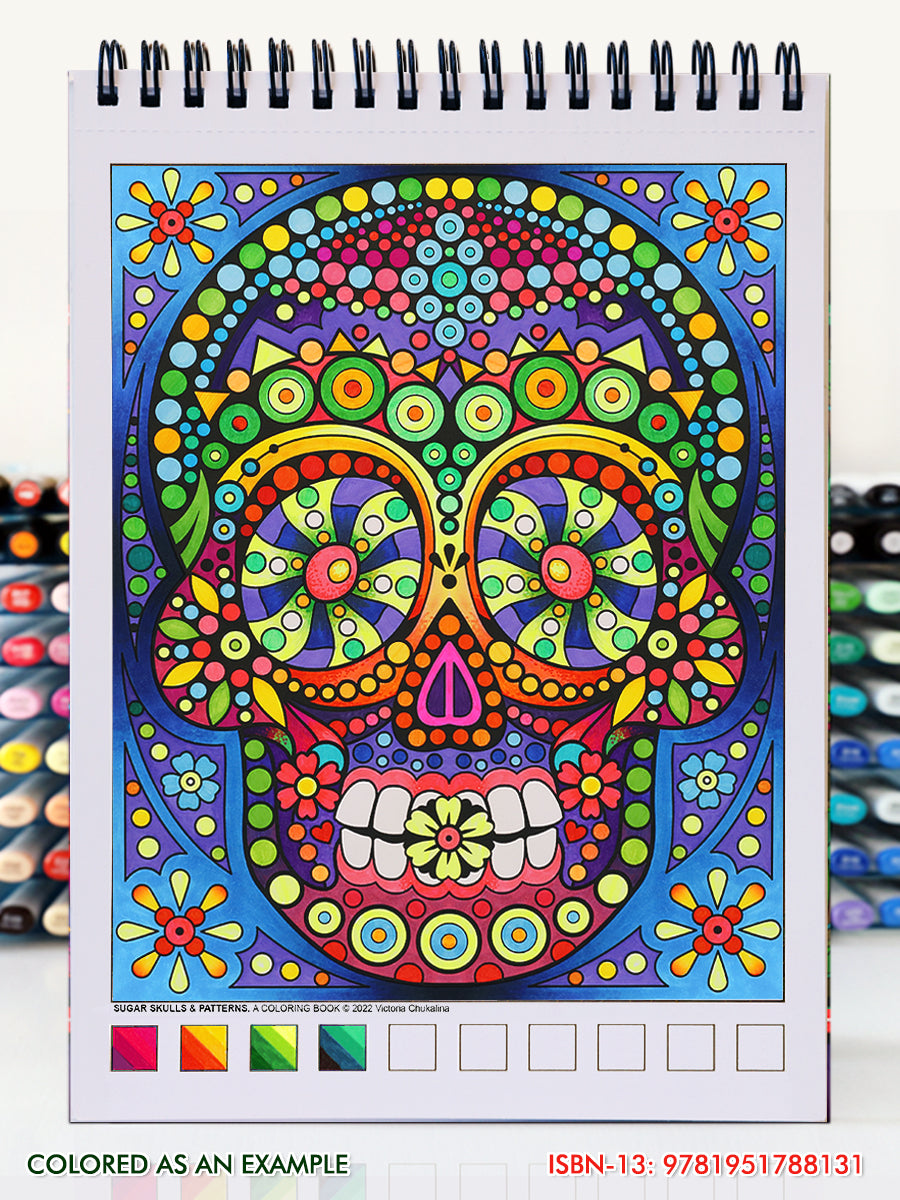 Sugar skulls & patterns. Travel size coloring book. Thick paper, Spiral-bound, Paperback.