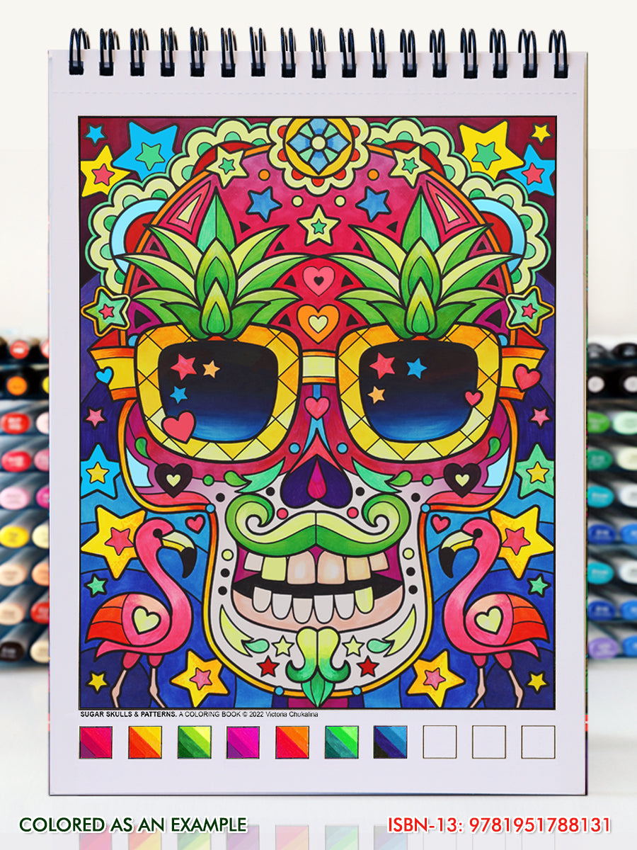 Sugar skulls & patterns. Travel size coloring book. Thick paper, Spiral-bound, Paperback.