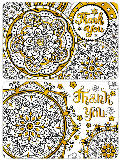 Thank you coloring postcards with yellow gold foil accents. Super thick paper.