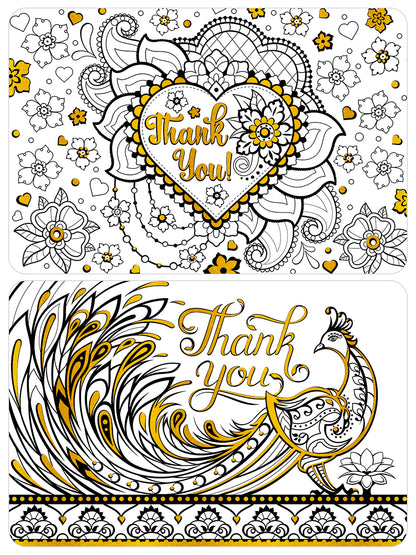 Thank you coloring postcards with yellow gold foil accents. Super thick paper.